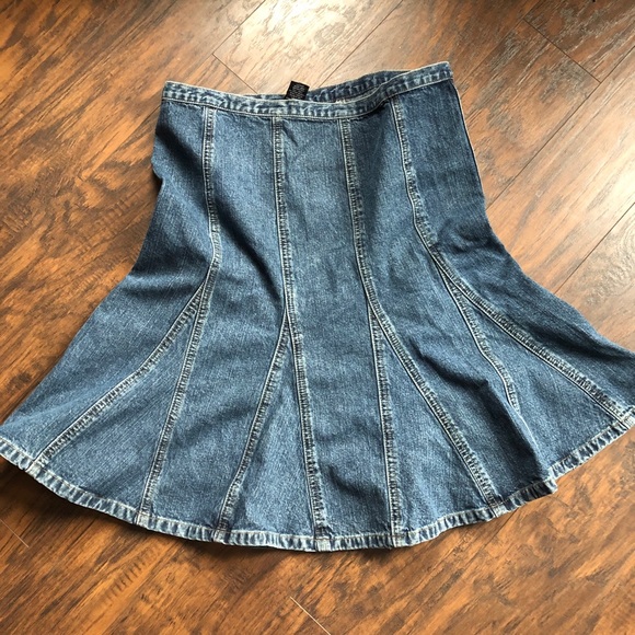 knee length flared denim skirt